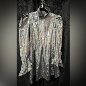 BATSHEVA Dress - Silver Metallic Holographic Mini - long sleeved